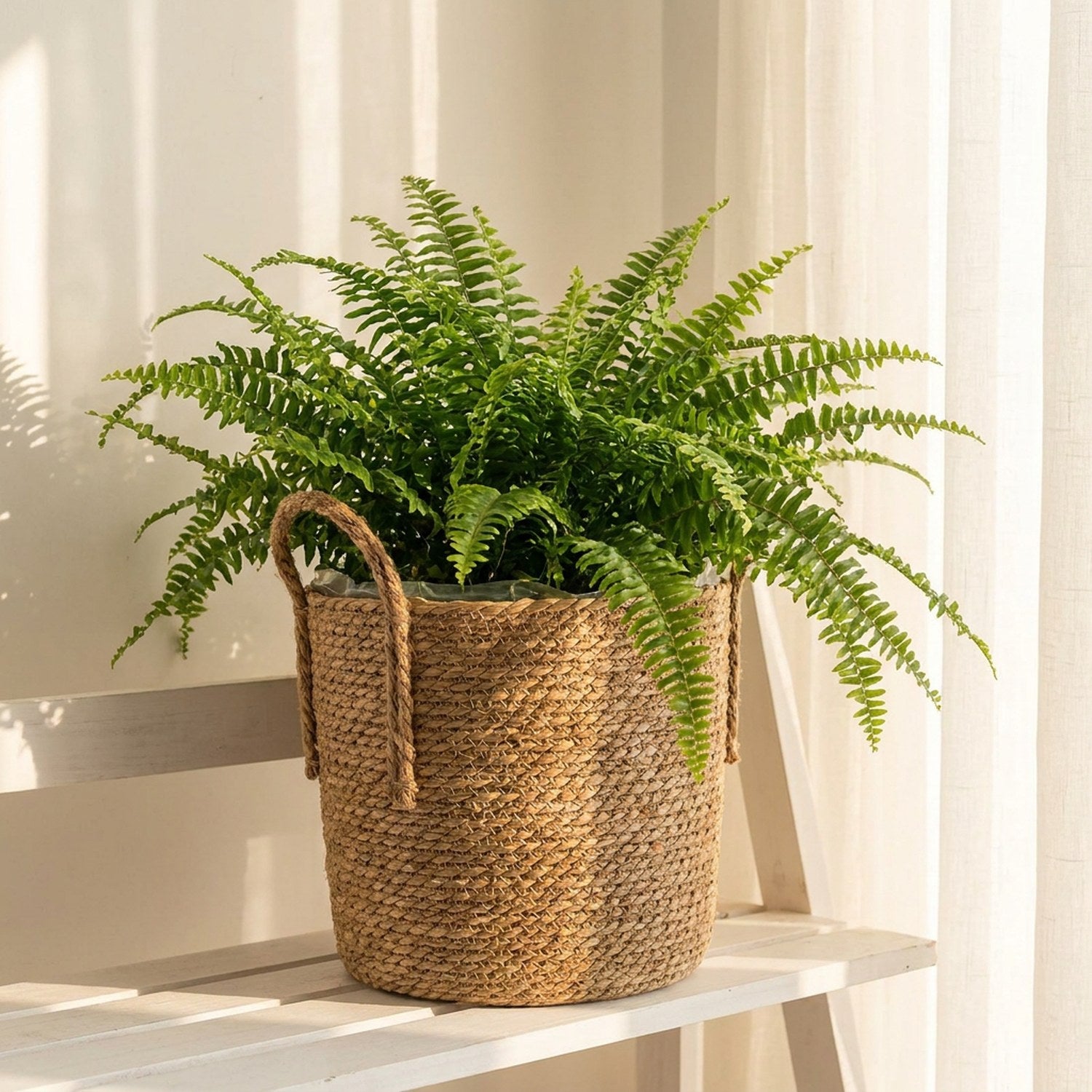 Panier cache-pot paille avec monstera dans salon nordique