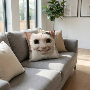 Coussin chat mignon posé sur un canapé gris dans un salon lumineux