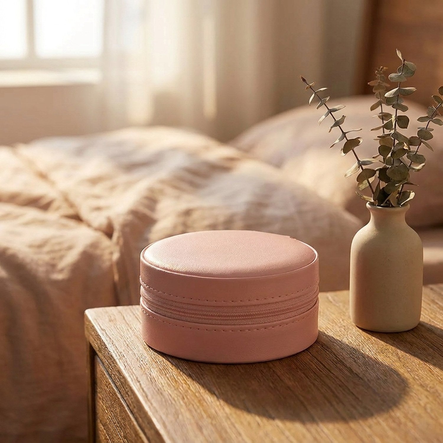 Coffret à bijoux de voyage rose fermé sur table de chevet en bois avec vase eucalyptus