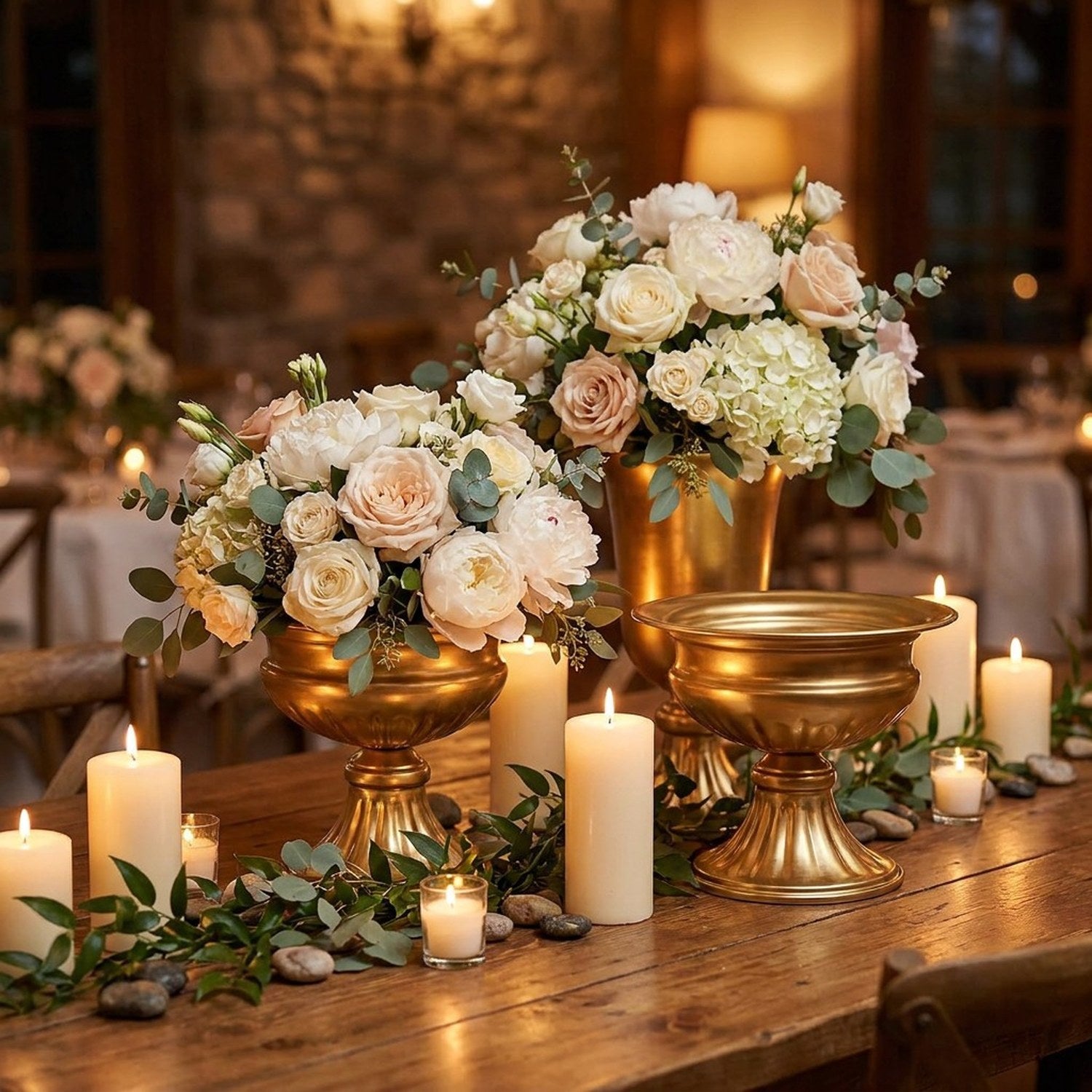 Vases dorés en métal sur table de salle à manger avec fleurs
