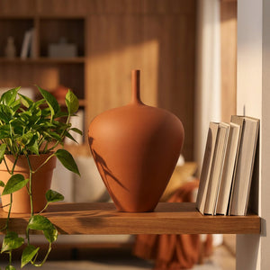 Vase céramique terracotta style nordique sur étagère avec plantes
