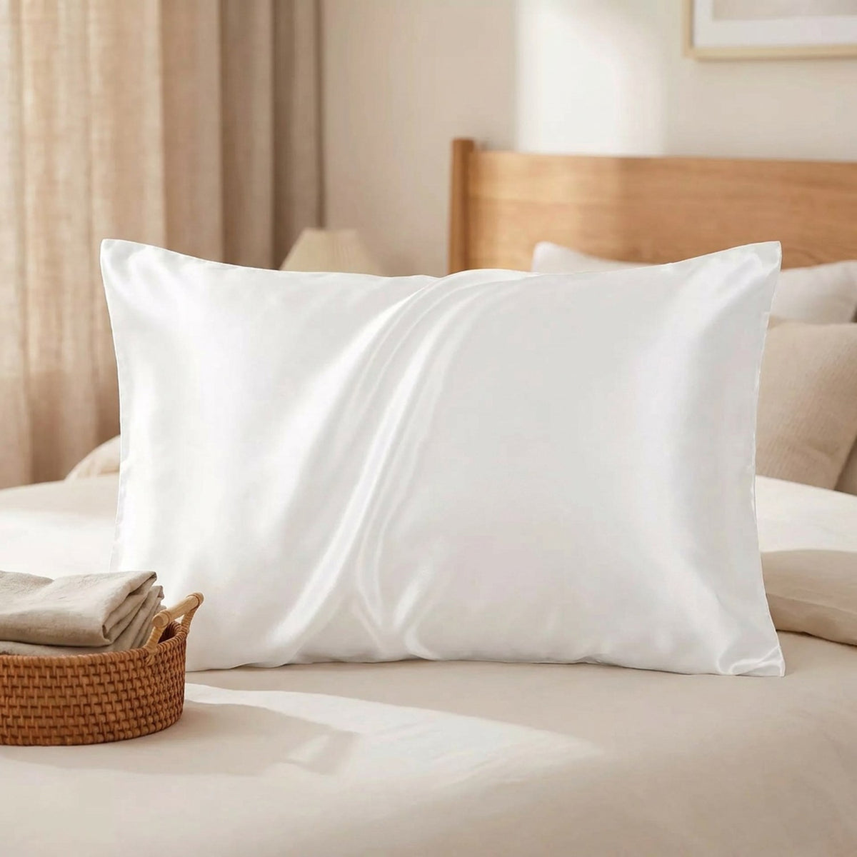 Deux taies d'oreiller en satin blanc empilées sur un lit avec panier en osier