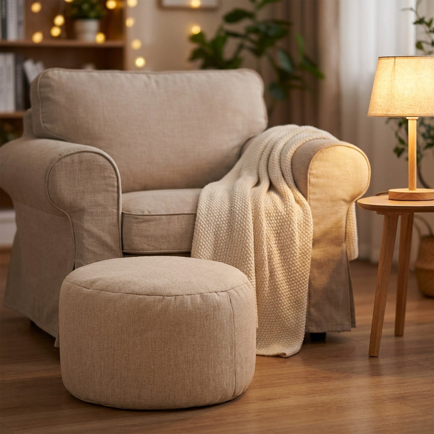 Pouf beige utilisé comme repose pieds devant un fauteuil en salon cocooning