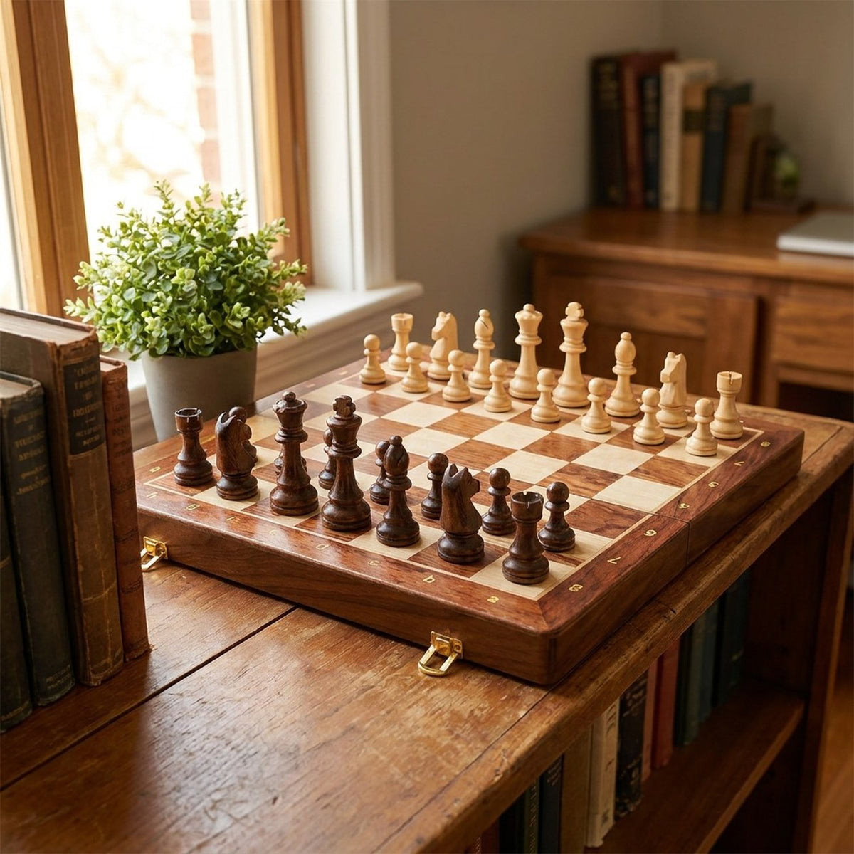 Pièces d'échecs en bois naturel alignées sur l'échiquier pliable déplié