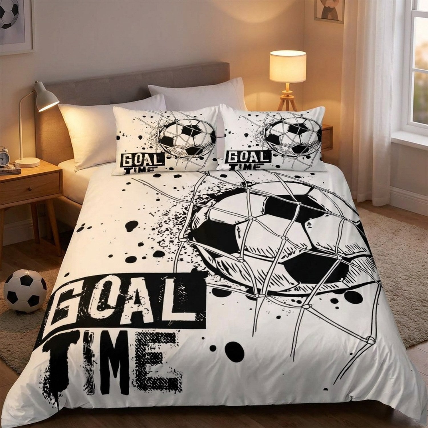 Housse de couette de football dans une chambre chaleureuse avec lampe de chevet allumée