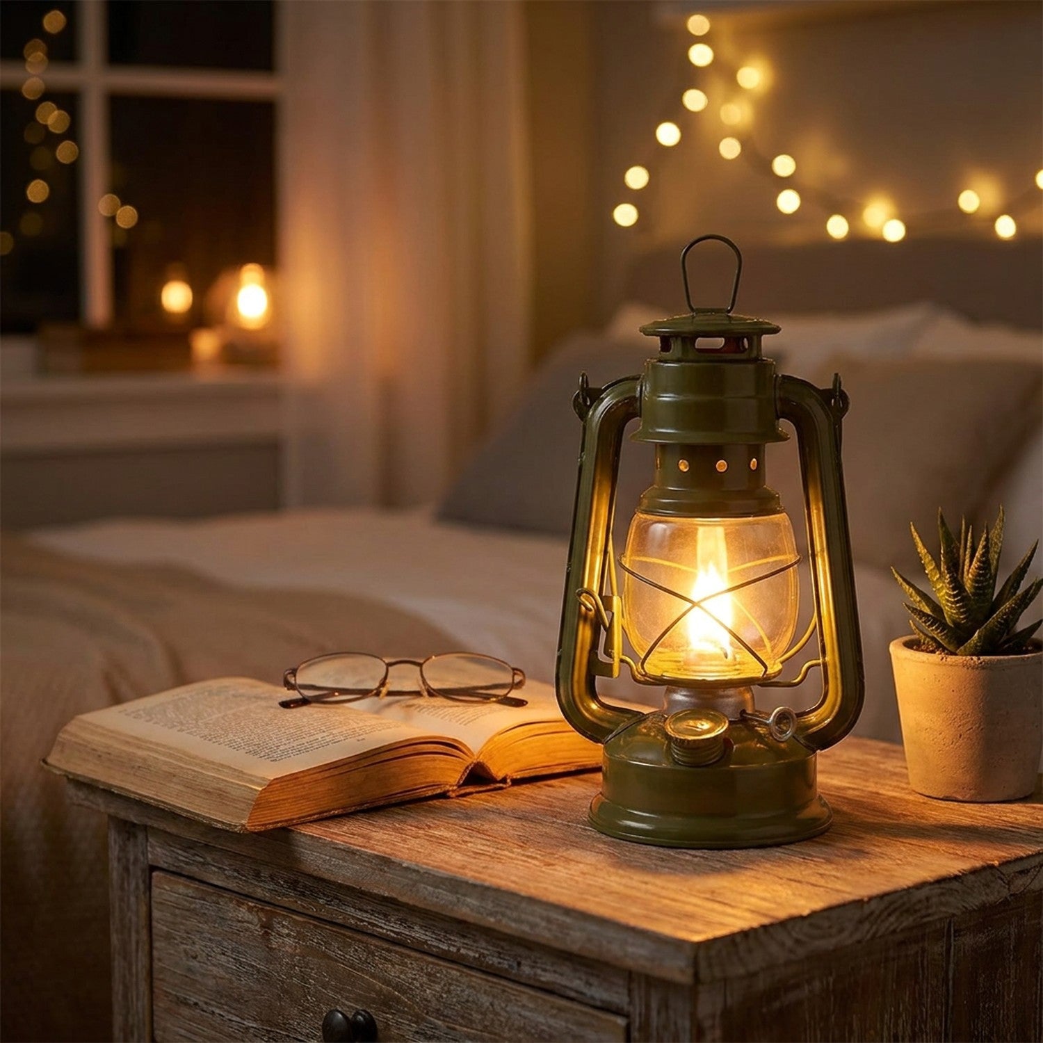 Lanterne rétro verte allumée sur table de nuit avec livre et plante