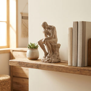Statue de penseur en résine sur étagère flottante en bois avec plante et livres