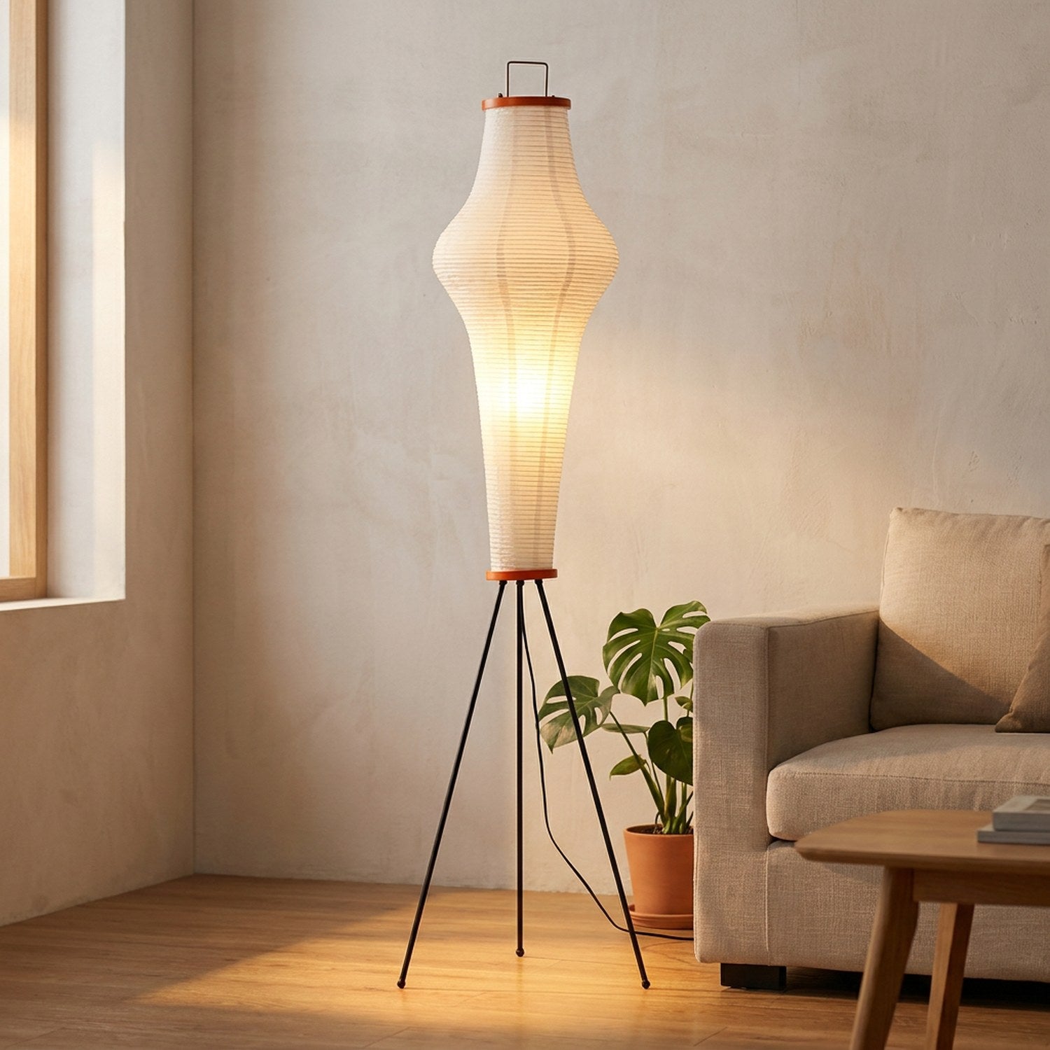 Lampadaire papier de riz japonais dans un salon avec canapé lin et plante verte