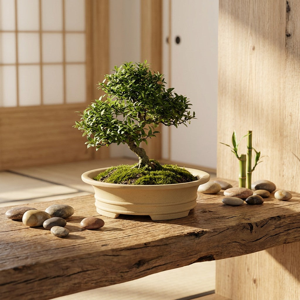 Pot à bonsaï en céramique sur une étagère en bois dans un intérieur japonais
