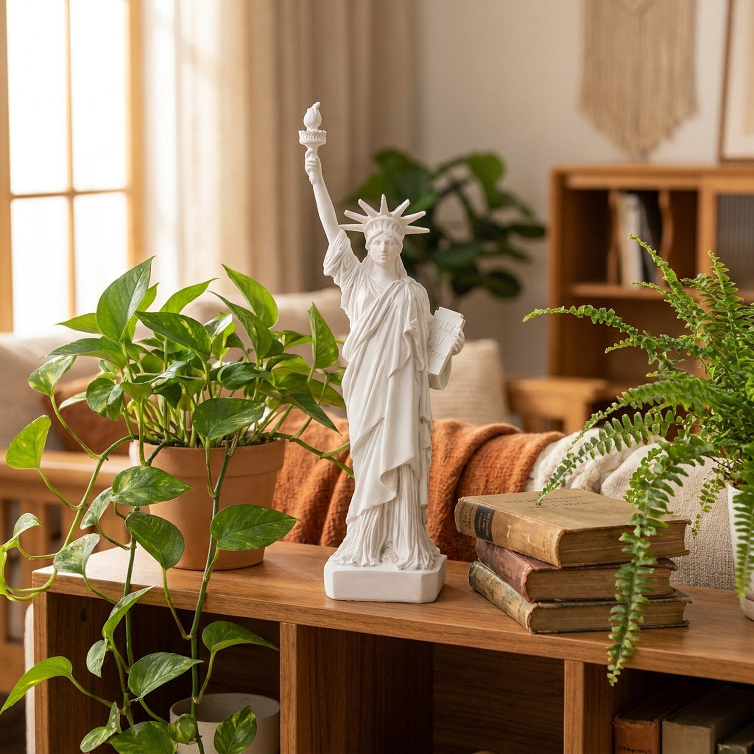 Statuette Statue de la Liberté 30 cm sur étagère en bois avec plantes vertes, décoration salon moderne