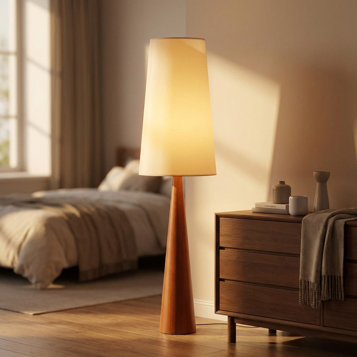 Lampadaire allumé dans une chambre chaleureuse au coucher du soleil