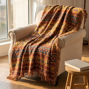 Jeté de canapé bohème drapé sur un fauteuil en salon