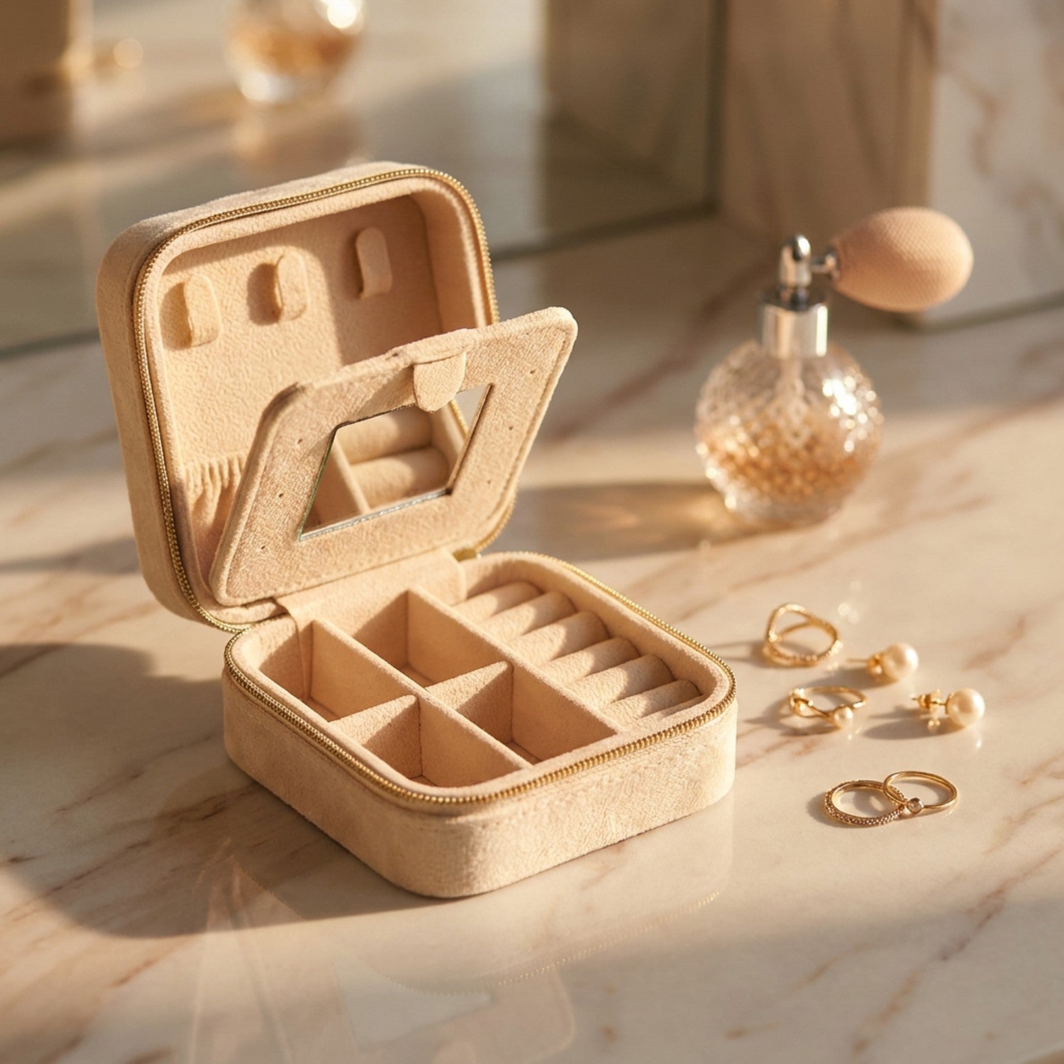Boîte à bijoux en velours dans une mise en scène élégante 1