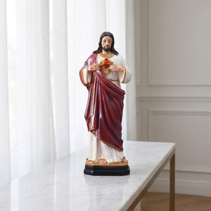 Statuette Sacré-Cœur de Jésus résine peinte sur console marbre décoration maison