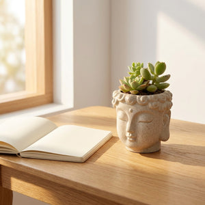 Pot de fleurs bouddha beige sur bureau en bois avec carnet et succulente