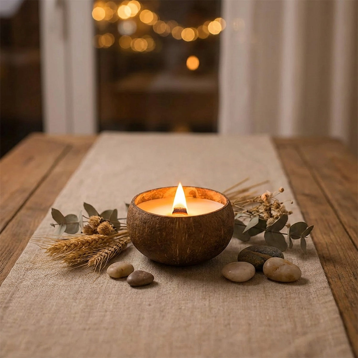 Bougie coquille noix de coco allumée sur table en bois avec fleurs séchées et lin