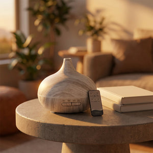 Diffuseur d'arômes USB en bois sur table d'appoint dans salon avec lumière dorée du soir