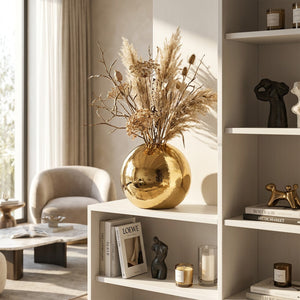 Grand vase boule doré sur une étagère de bibliothèque avec des fleurs séchées