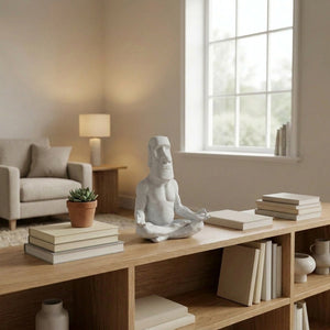 Statue Moai méditant dans un salon minimaliste