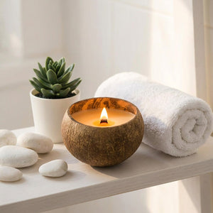 Bougie aromathérapie coquille noix de coco allumée sur étagère salle de bain zen