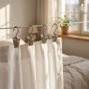 Plusieurs pinces crochets en métal accrochées sur une tringle avec un rideau en lin dans une chambre chaleureuse