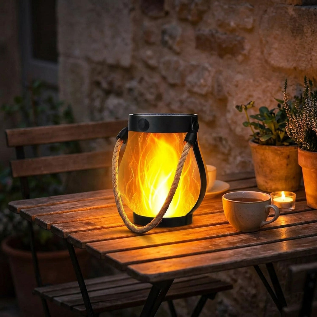 Lanterne solaire flamme posée sur une table de terrasse en bois avec une tasse de thé