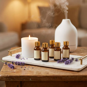 Huiles essentielles plateau marbre bougies lavande aromathérapie