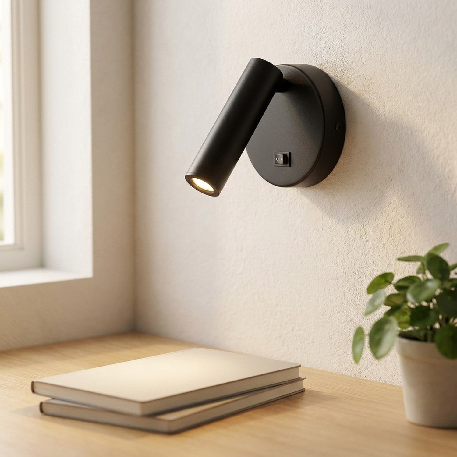 Applique murale ronde noire orientable au-dessus d'un bureau avec carnets et plante verte