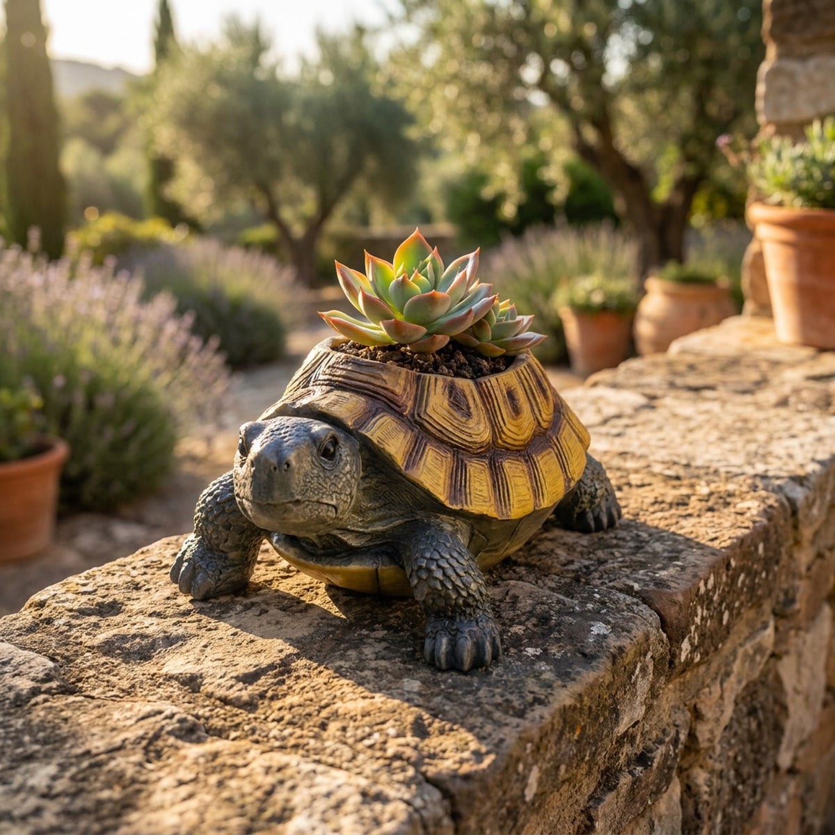 Jardinière tortue résine avec succulente rosette sur muret de jardin en pierre lumière dorée