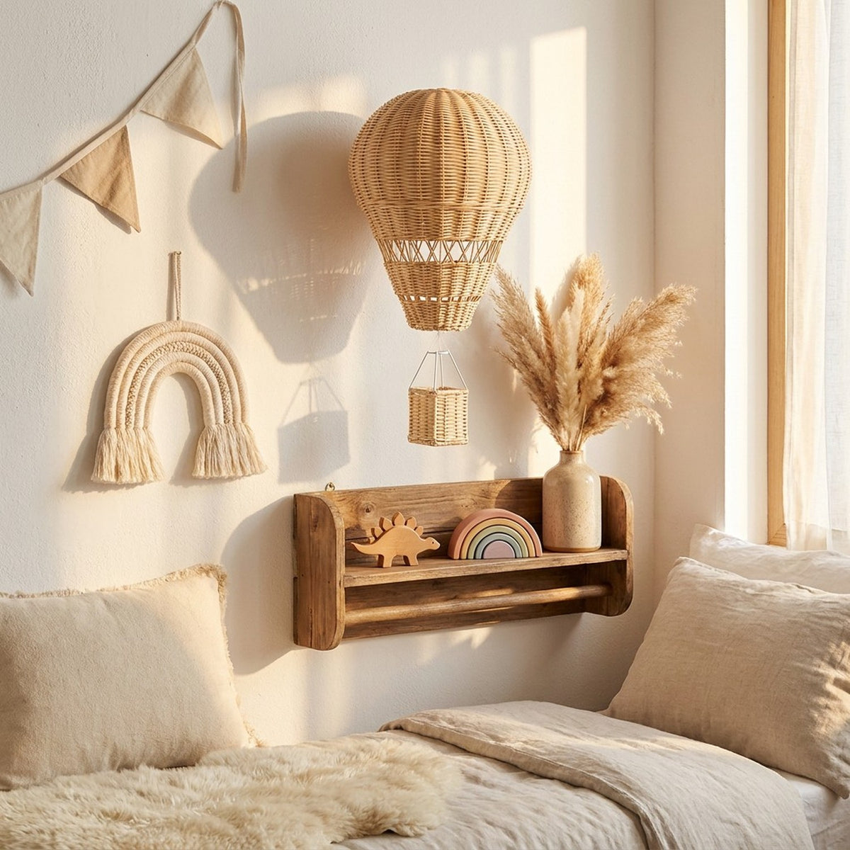 Ballon en rotin tissé suspendu dans chambre enfant boho