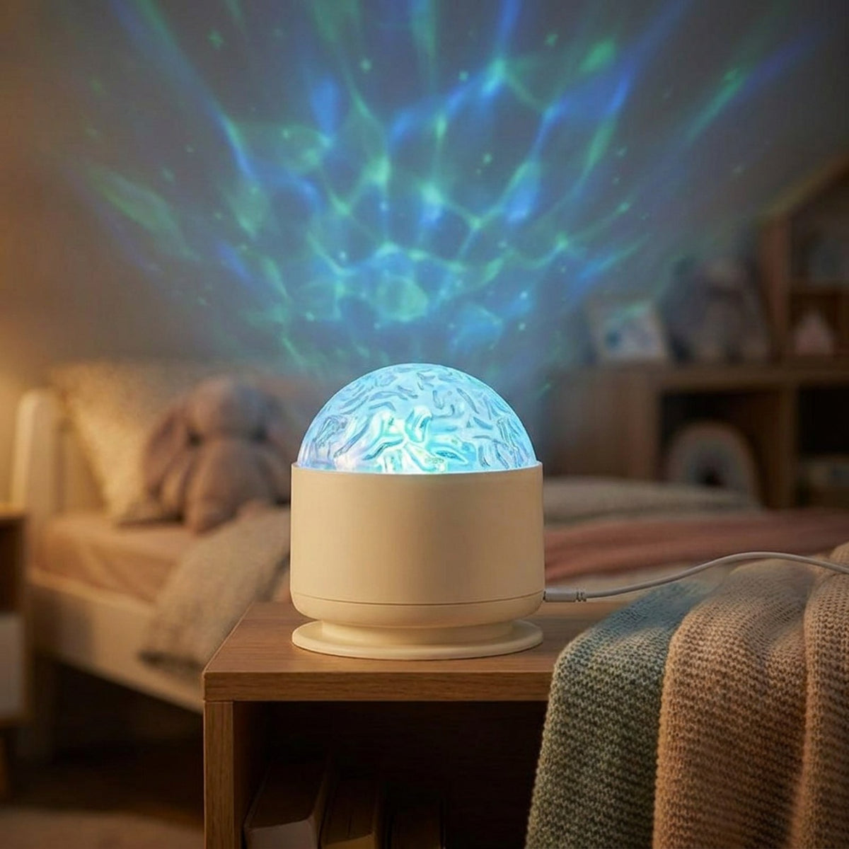 Veilleuse projecteur galaxie projetant des vagues de lumière bleue et verte sur le plafond d'une chambre d'enfant