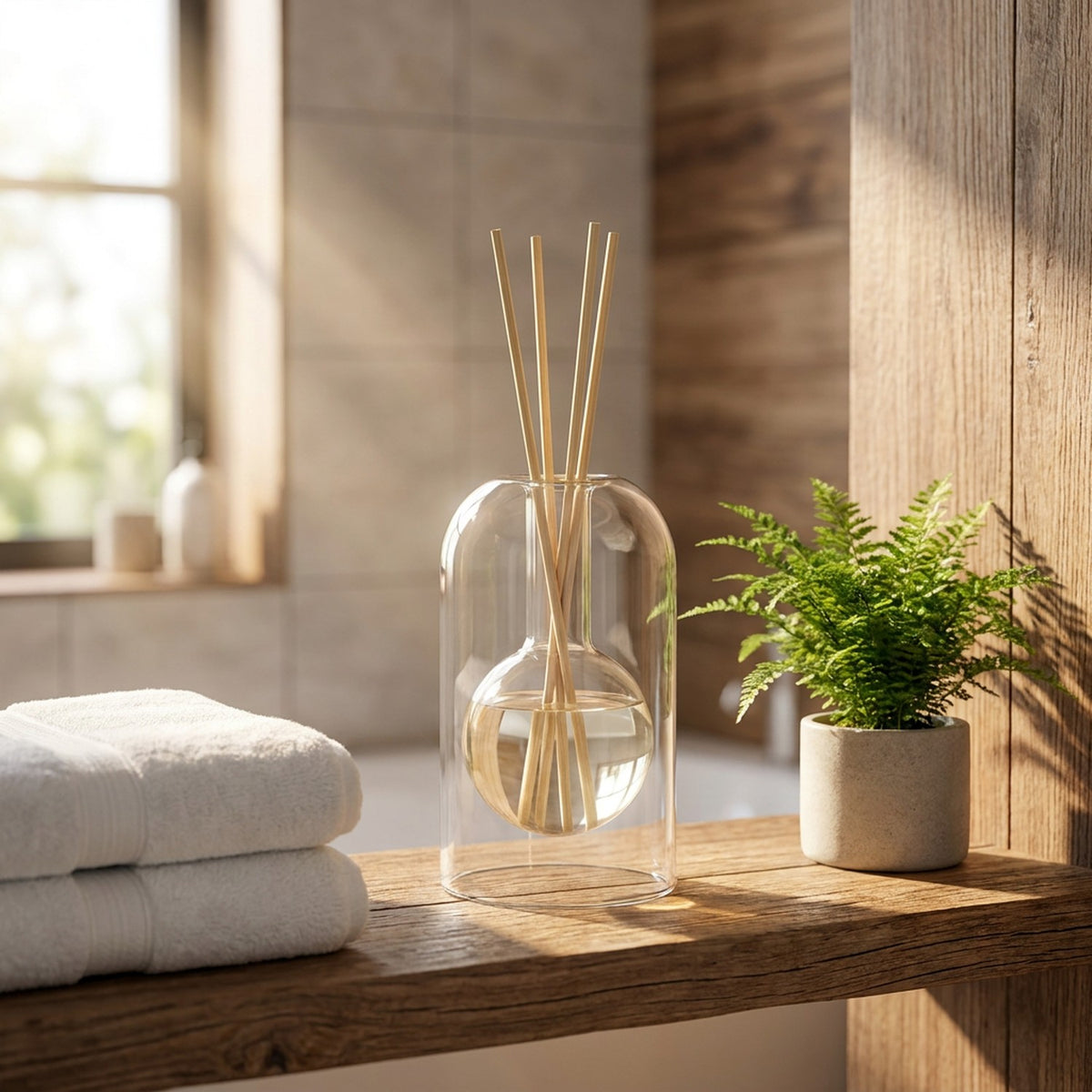 Diffuseur à bâtons en verre double paroi sur étagère salle de bain avec serviettes blanches et plante