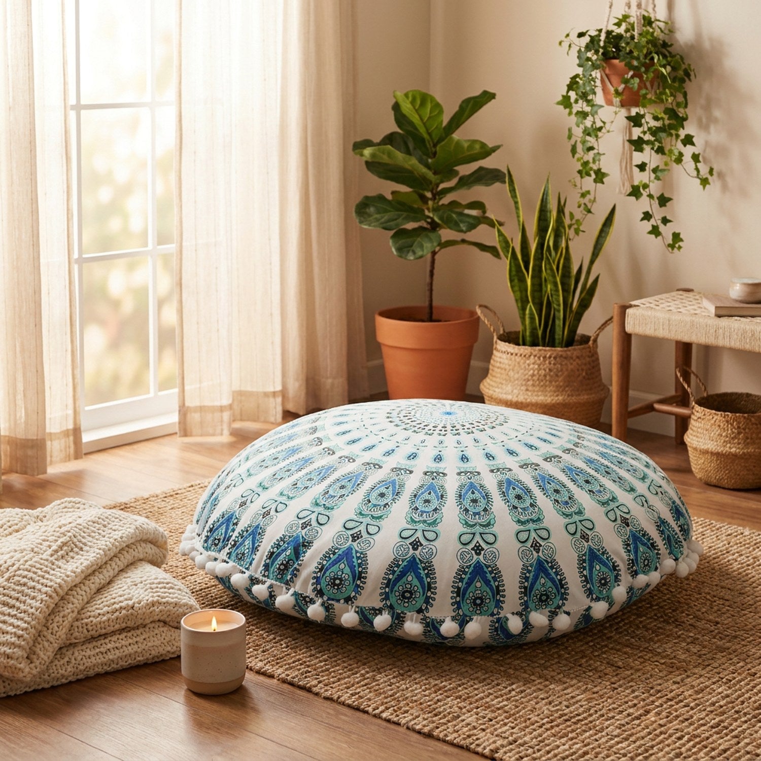 Housse de coussin mandala bohème dans un coin méditation avec bougie et plaid