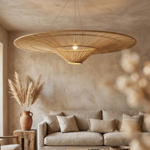 Suspension plafonnier rotin naturel - salon wabi sabi japonais