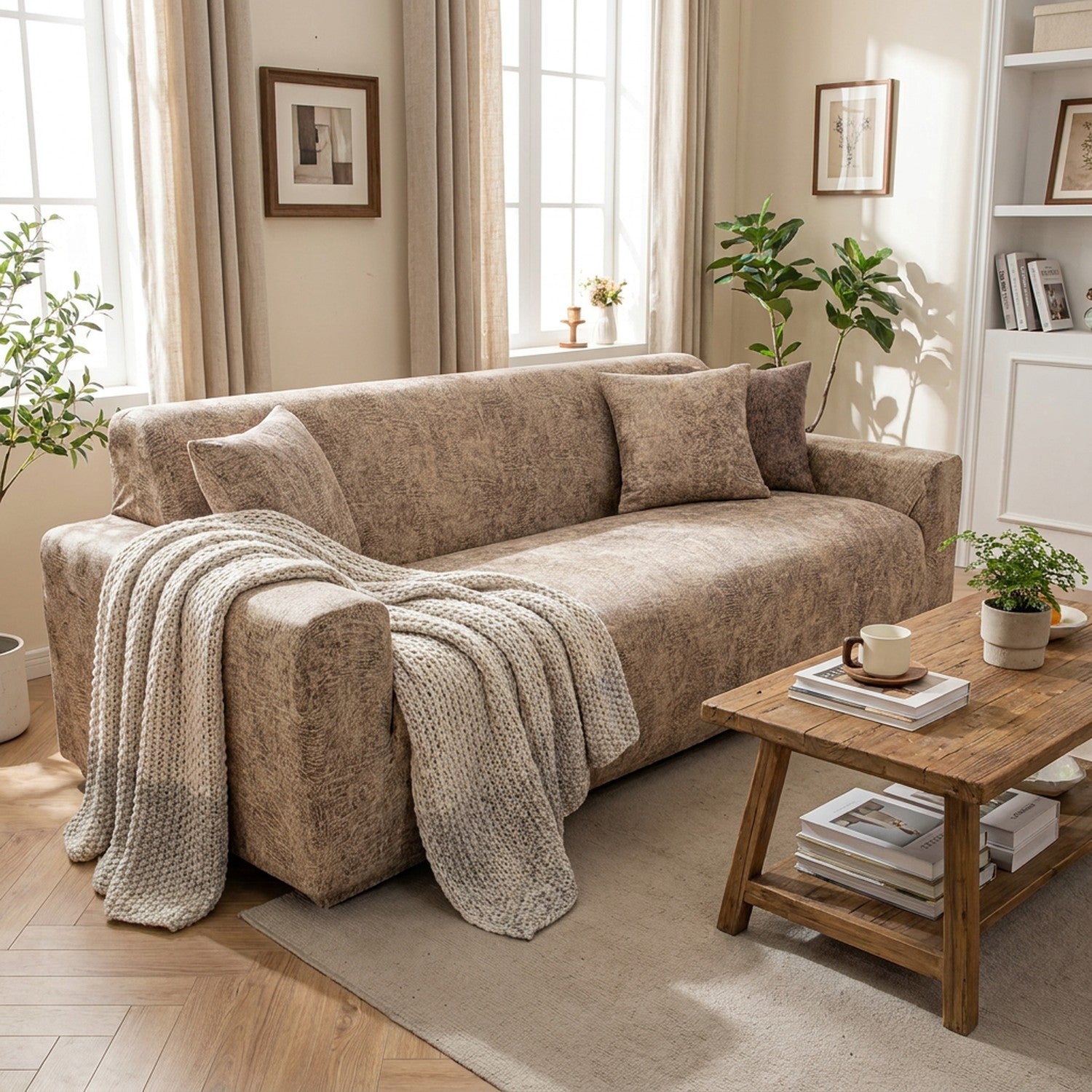 Housse de canapé beige installée dans un salon lumineux