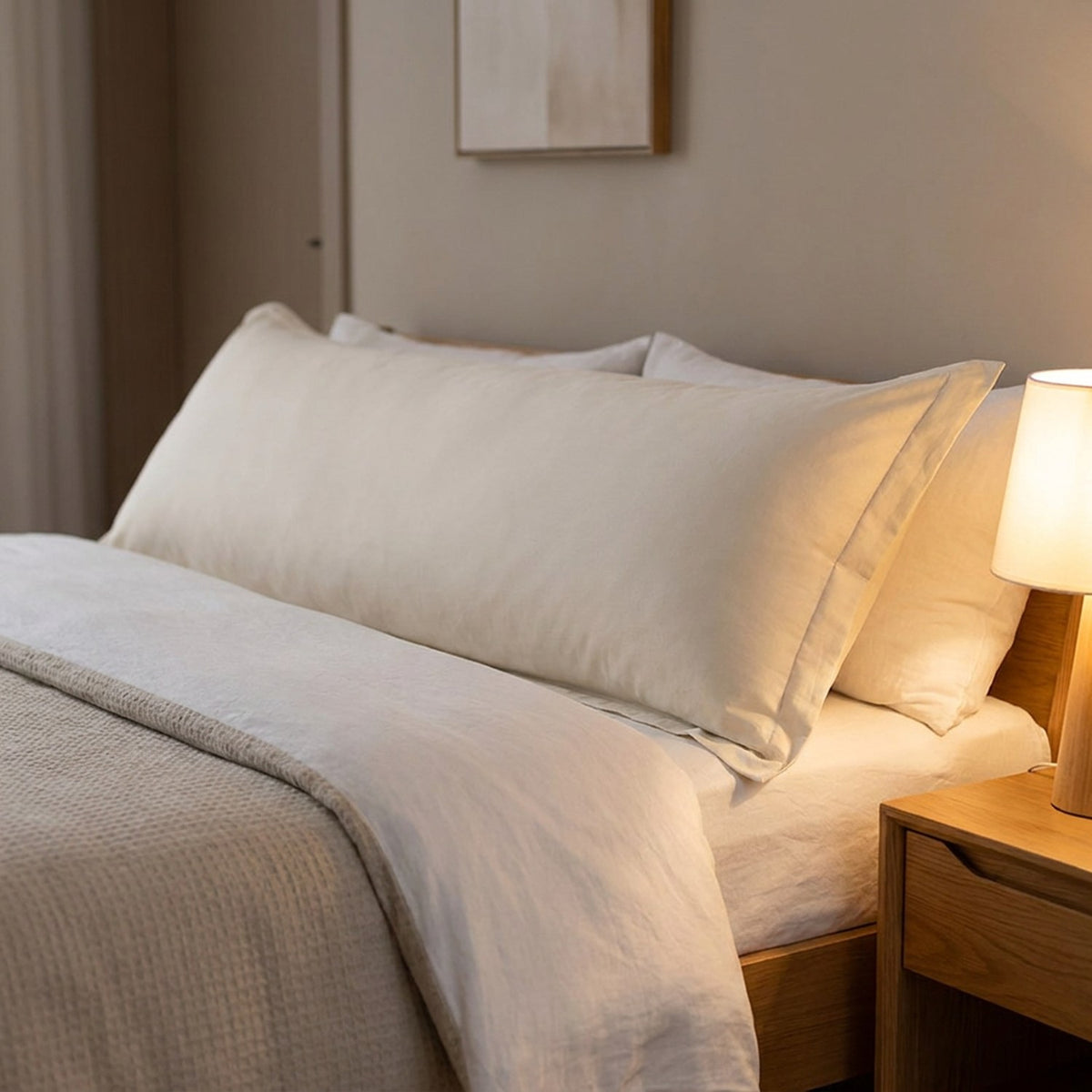Taie de traversin beige installée sur un lit dans une chambre moderne avec table de chevet