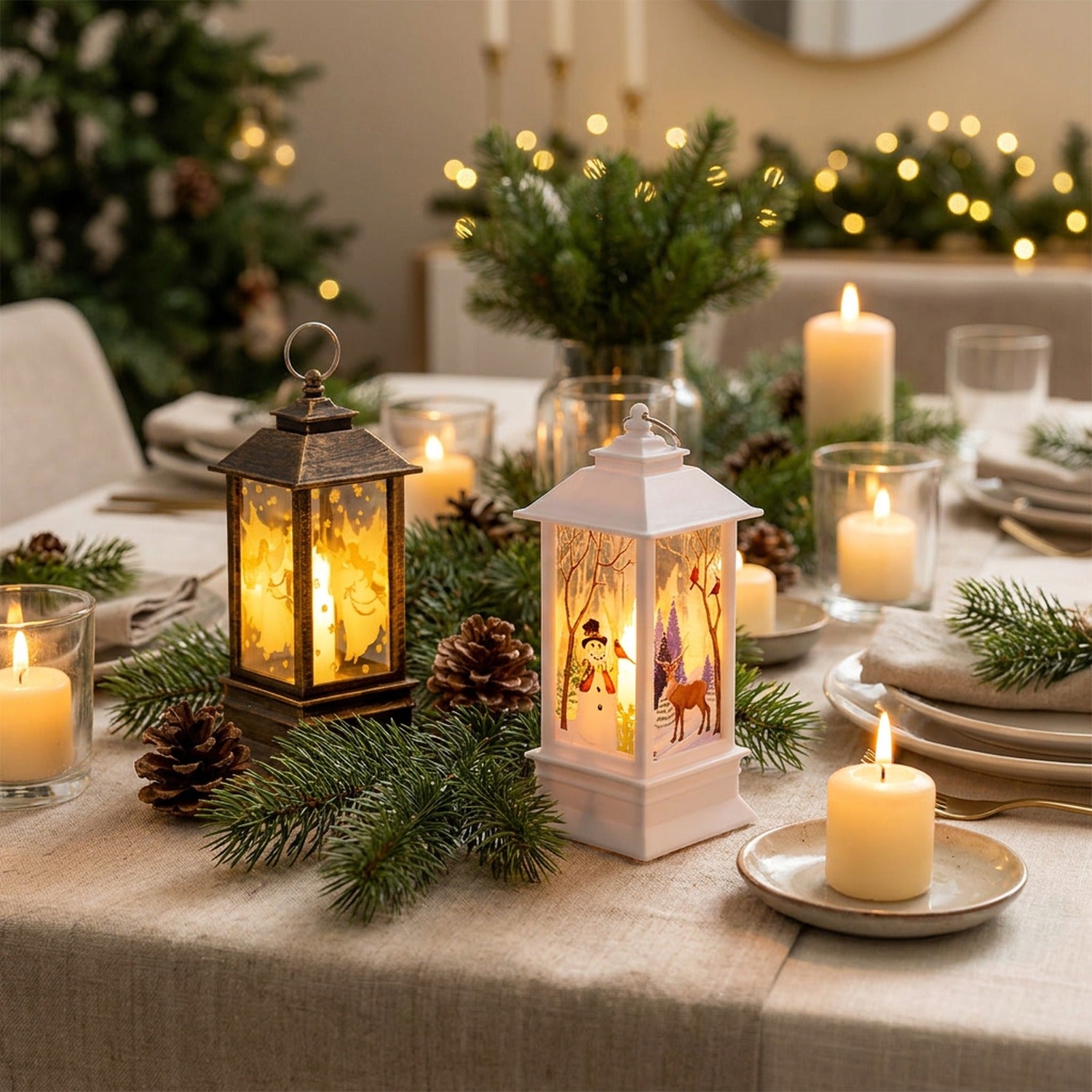 Lanterne de Noël LED blanche sur table festive