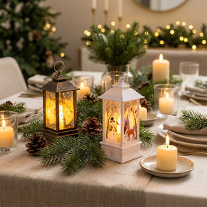 Lanterne de Noël LED blanche sur table festive