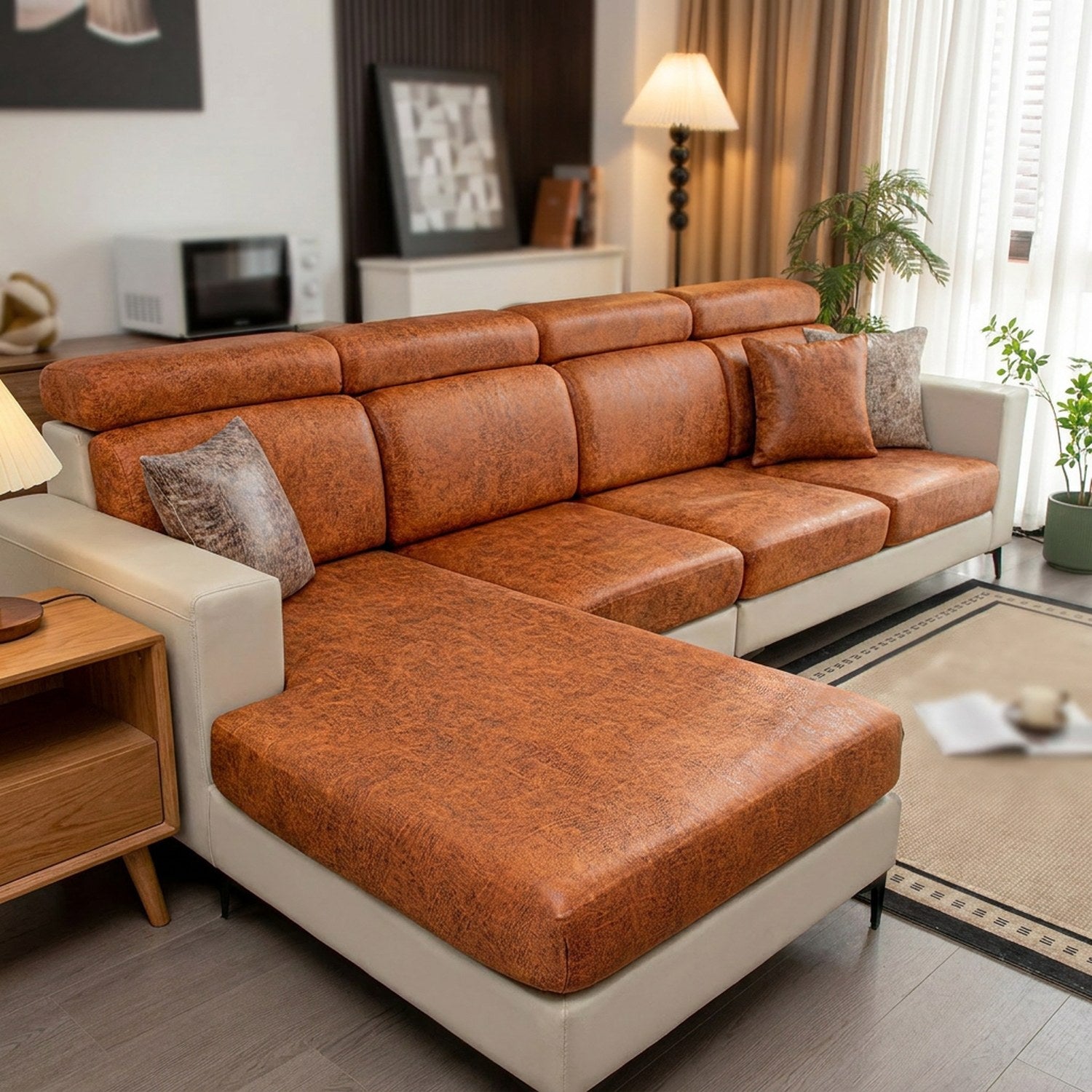 Housse de canapé orange cognac effet cuir installée sur un canapé d'angle