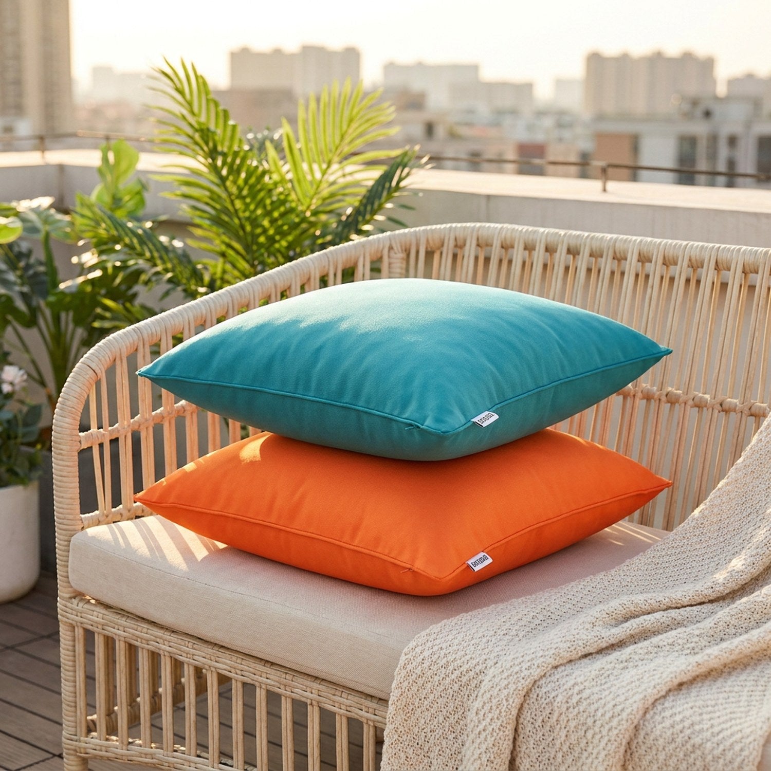 Housses de coussin extérieur turquoise et orange empilées sur un canapé de jardin en rotin