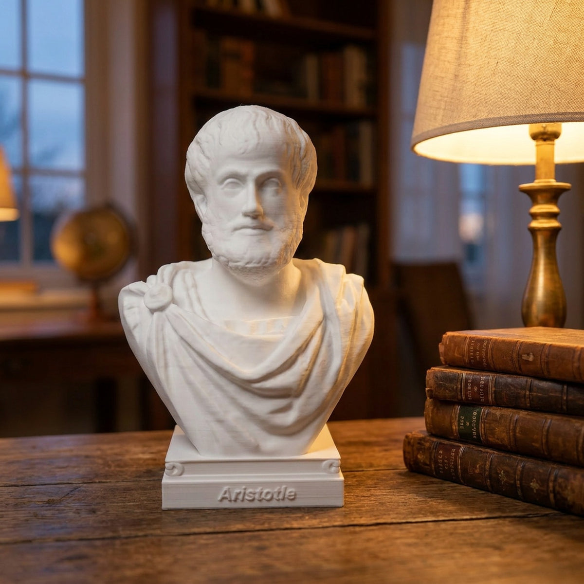 Buste Aristote philosophe grec sur bureau en bois avec livres