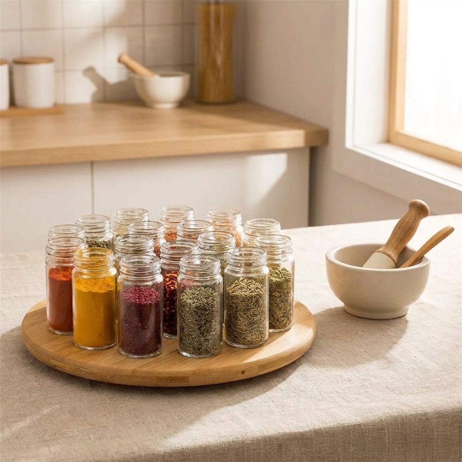 Plateau rotatif bambou avec bocaux d épices colorés dans une cuisine scandinave