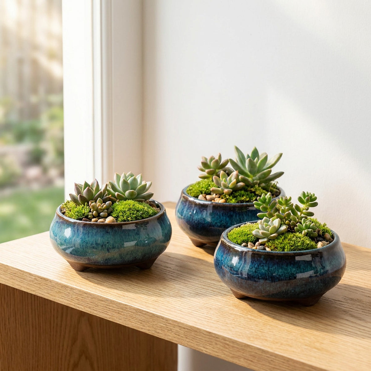 Collection pots bonsaï céramique bleue sur étagère avec succulentes