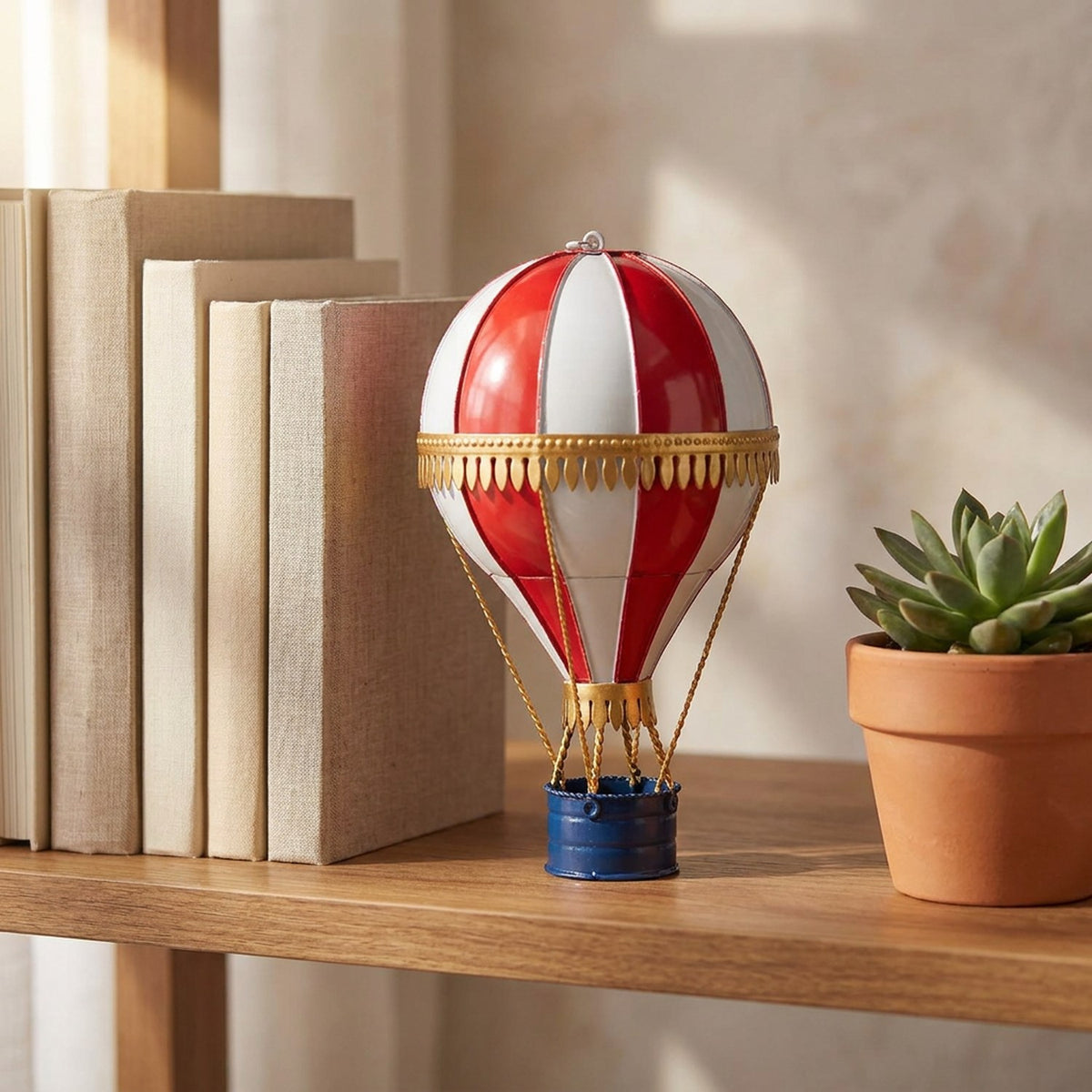 Ballon à air chaud 15cm en métal forgé sur une étagère en bois avec plante succulente et livres