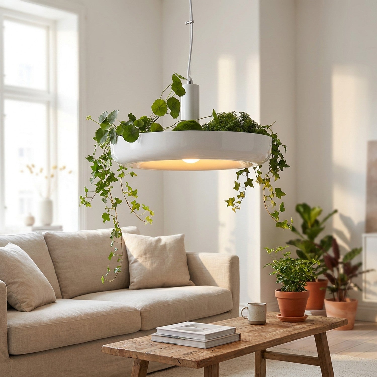 Suspension nordique dans un salon scandinave lumineux avec canapé lin