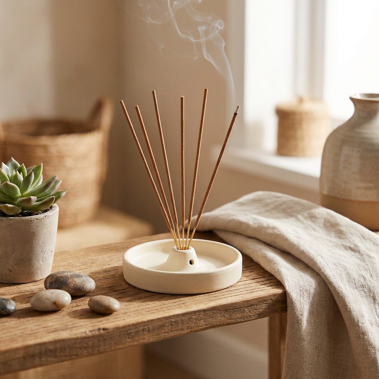 Bâtons d'encens sur étagère en bois avec succulente et galets