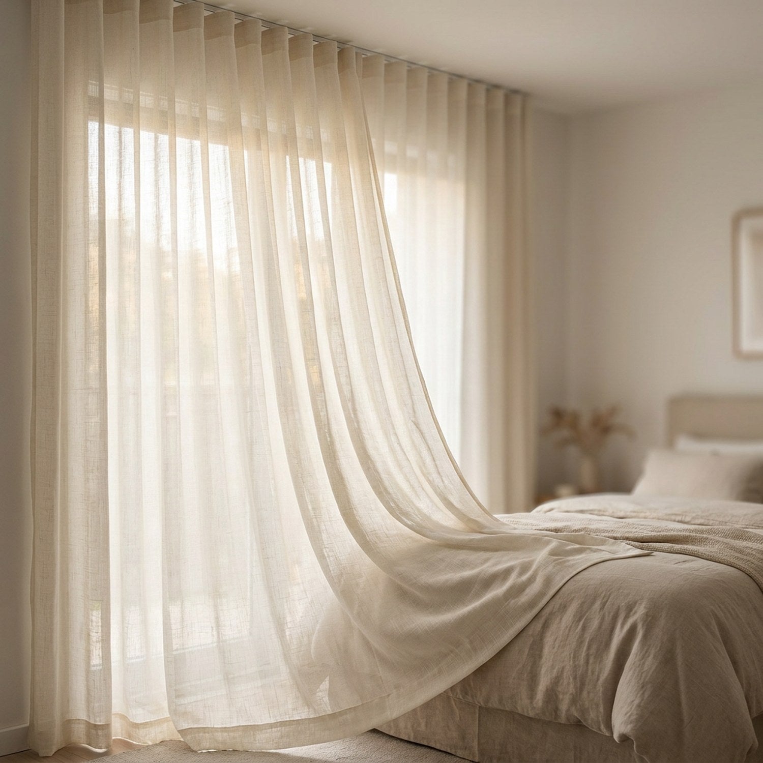 Voilage en lin froissé blanc dans une chambre lumineuse près d'un lit cocooning