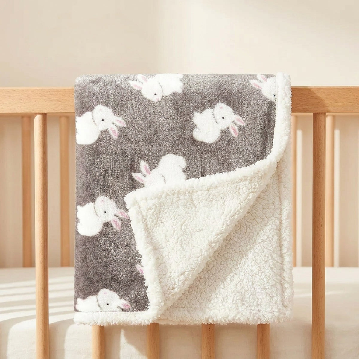 Couverture bébé motif lapins drapée sur la barrière du lit de berceau