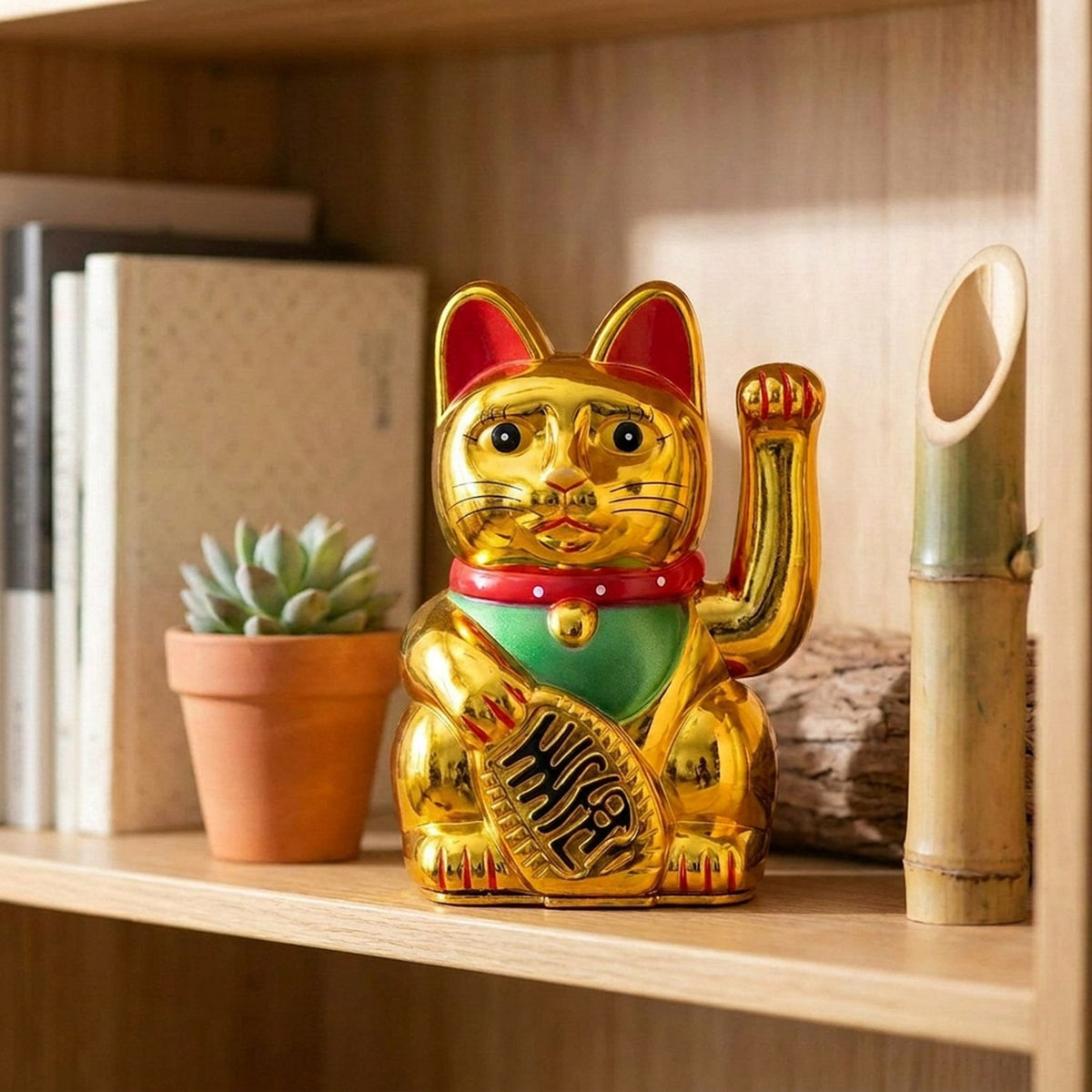 Figurine chat porte-bonheur dorée sur étagère bureau avec plante succulente et bambou