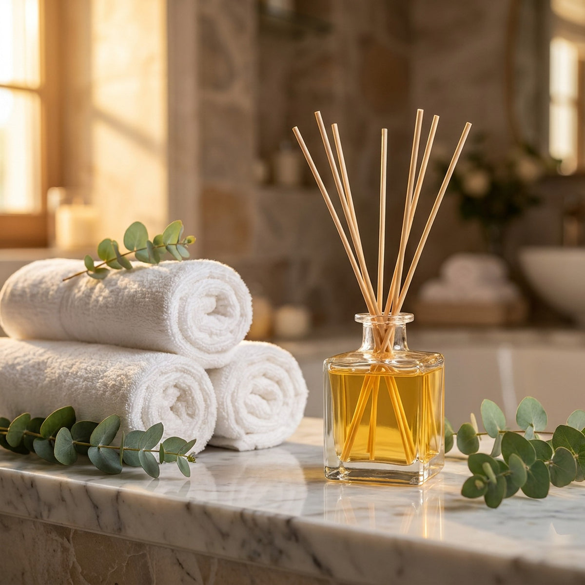 Diffuseur bâtonnets rotin flacon carré sur tablette marbre salle de bain avec serviettes et eucalyptus